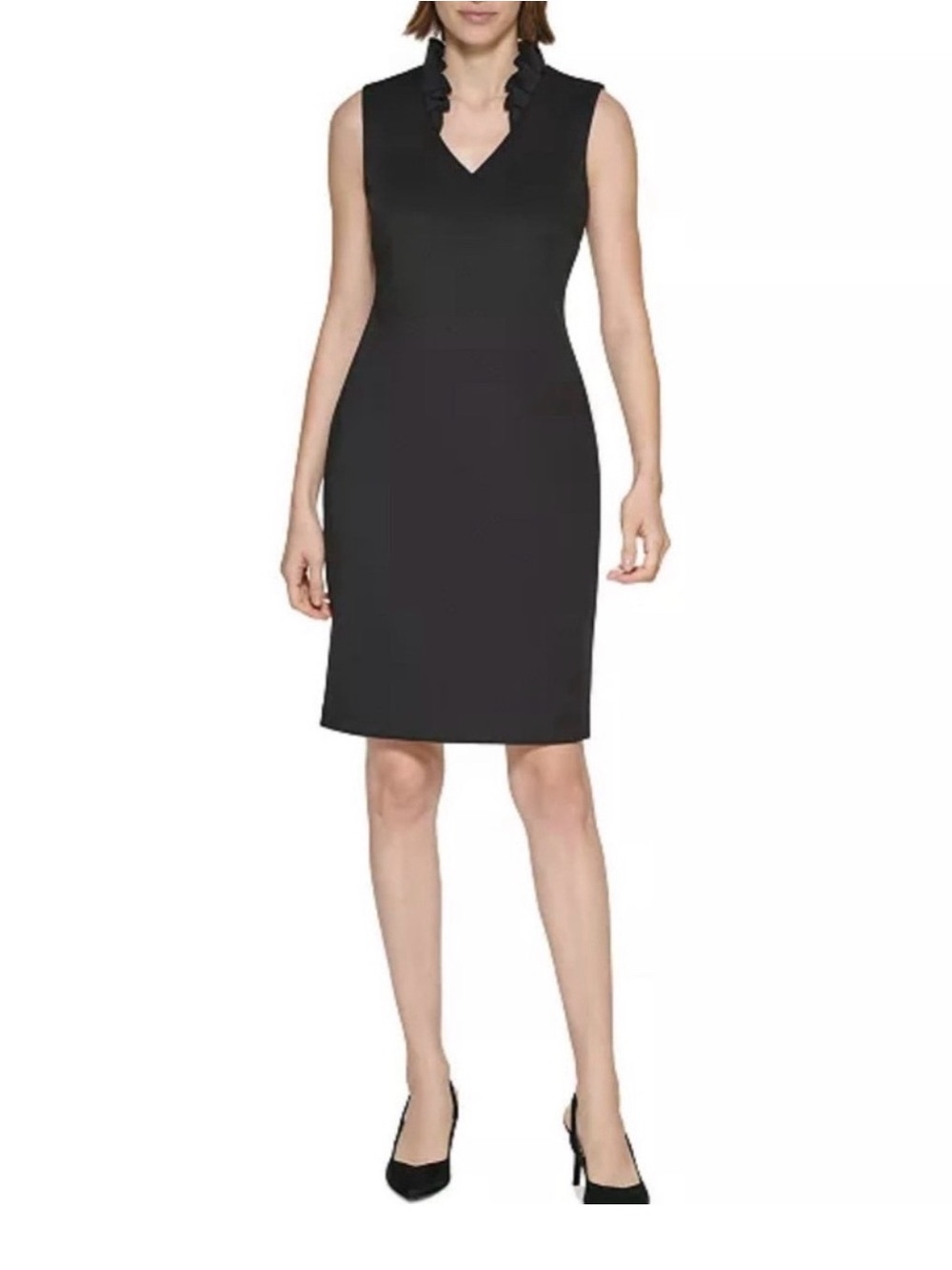 Calvin Klein Sleeveless Black Ruffle V-Neck Sheath Cocktail Dress New with Tags